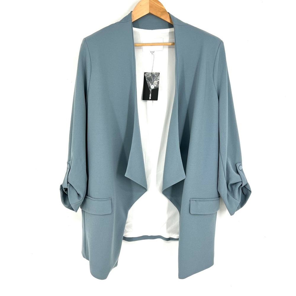 Fashion Nova Talia Open Front Blazer Light Blue 3/4 Ruched Sleeve Plus Size 1X
